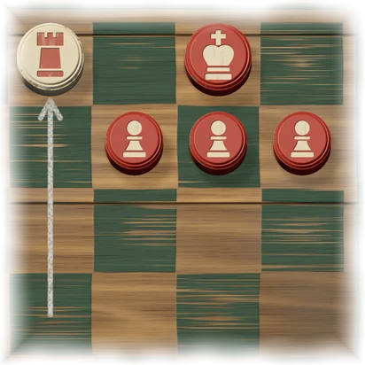 A red king in the far row with three red pawns in a row right in front of it. A white rook stands in the same row as the king, and a chalk arrow shows it having come straight up the board.