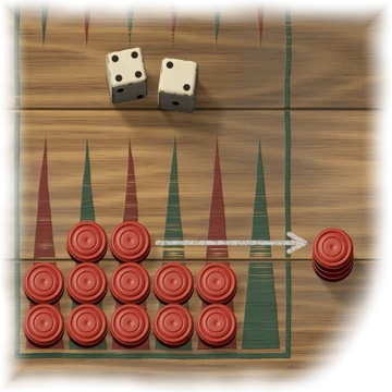 Red's home board with twelve red pieces in it and three already stacked beside the board. The dice show 4 and 2, and a chalk arrow carries a piece from the fourth point off the board.