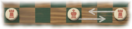 The near row of the board with a white king in the middle and a white rook in each corner. One chalk arrow shows the king going two squares to the right. A second arrow shows the rook in the right corner going to the square on the other side of the king.