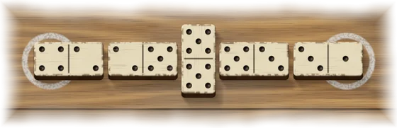 Five dominoes in a line on oak: 4-2, 2-5, the double five lying across the line, 5-3 and 3-1. Chalk rings mark the outer halves at both ends, a four on the left and a one on the right.