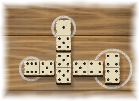 A double five standing upright with tiles on three sides: 6-5 on its left, 5-4 and then a double four across the line on its right, and 5-1 above it. Chalk rings mark the six, the double four and the one.