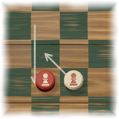 A red pawn and a white pawn side by side. A chalk arrow shows the red pawn having come two squares straight down. A second arrow shows the white pawn moving diagonally to the square behind the red pawn.