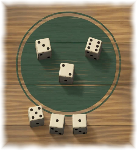 Three dice inside a circle of green paint, showing 3, 6 and 2. Below the circle, outside its painted line, three dice showing 1, 1 and 5 have been set aside.