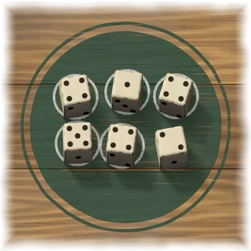 Six dice inside the green circle: a 1, a 5, three 4s and a 2. Chalk rings are drawn around the 1, the 5 and the three 4s, and none around the 2.
