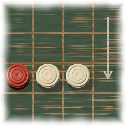 A red piece and two white pieces in a row, with a chalk arrow pointing at the empty square after them.