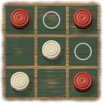 The classic board. Red pieces stand in three corners, white pieces in the center and the fourth corner, and two of the empty squares have chalk rings in them.
