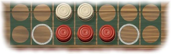 The two rows of the board nearest the player. Three red pieces stand side by side on the bottom row, with two white pieces on top of them. The empty places at both ends of the red row have chalk rings in them.