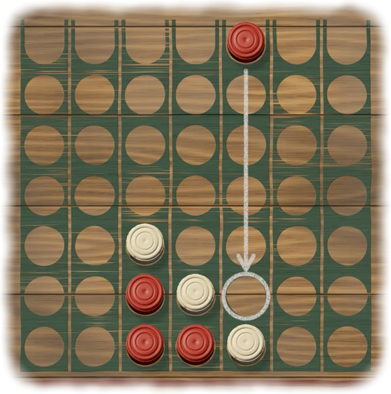 The board with six pieces at the near end of three lanes. A red piece stands at the far end of the fifth lane, and a chalk arrow runs from it down the lane to a chalk ring on the place next to a white piece.