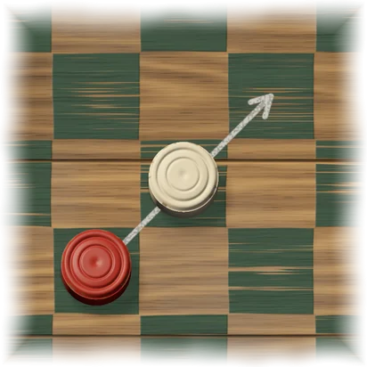 A red piece next to a white piece, with a chalk arrow showing the red piece jumping over it to the empty square behind.