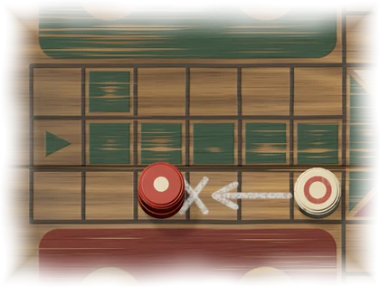 A stretch of the track with two red pieces stacked on one square. Three squares behind them stands a white piece. A chalk arrow from the white piece toward the red pieces ends in a chalk cross just before them.