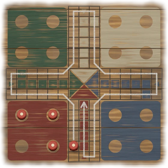 The whole ludo board. A red piece stands on the red start square next to the red yard, and a chalk line runs from it clockwise round the whole track, back to the bottom arm, up the red home column and ends in an arrow at the red triangle in the middle.