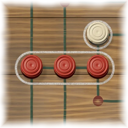 Three red pieces in a row along a painted line, with a chalk loop drawn around them. A white piece on a point nearby has a chalk ring around it.