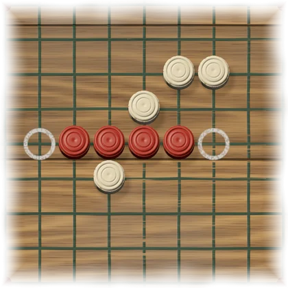 Part of the board. Four red pieces lie in a row, and the empty points at both ends of the row have chalk rings around them. Four white pieces lie nearby.