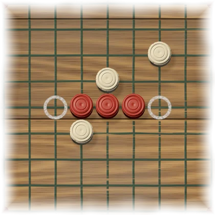 Part of the board. Three red pieces lie in a row, and the empty points at both ends of the row have chalk rings around them. Three white pieces lie nearby.