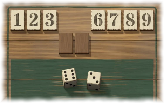 The row of nine tiles with the 4 and the 5 turned face down and lying a row lower than the others. On the green field below, two dice show 6 and 3.