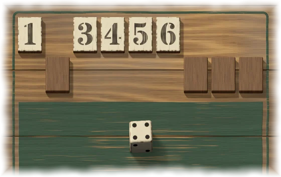 The row of tiles with the 2, the 7, the 8 and the 9 turned face down. A single die on the green field shows 4.