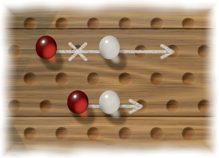 Two rows of holes. In the lower row a red marble hops over a white marble in the next hole, shown by a chalk arrow. In the upper row there is an empty hole between the red marble and the white one, and the arrow over them is crossed out.