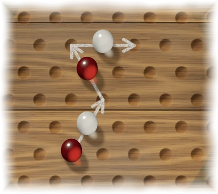 The middle of the board with two red and two white marbles. Chalk arrows show one red marble hopping over a white marble, then over the other red marble in a new direction, then sideways over the second white marble.