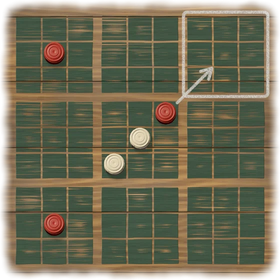The Ultimate board with five small pieces on it. A red piece stands in the top right square of the middle small board, and a chalk arrow runs from it to the top right small board, which has a chalk frame around it.