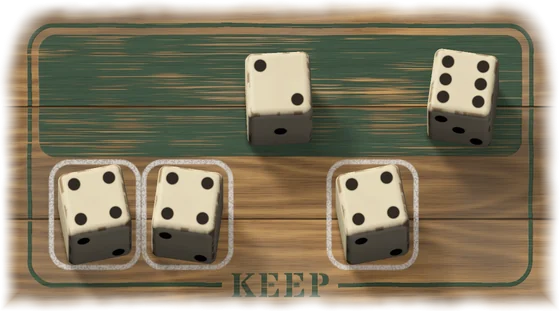 Five dice on the lid. A 2 and a 6 lie on the field of green paint. Below the field, inside a painted line with the word Keep in it, lie three dice showing 4, each with a chalk frame around it.