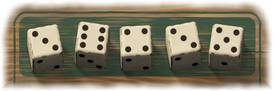 Five dice on the field of green paint, showing 3, 6, 4, 3 and 5.